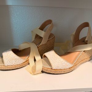 Women's Cream Lace Espadrille Wedge Sandals